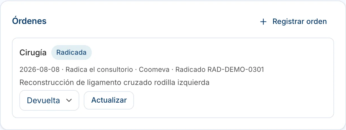 Orden de cirugía radicada por el consultorio ante la entidad.
